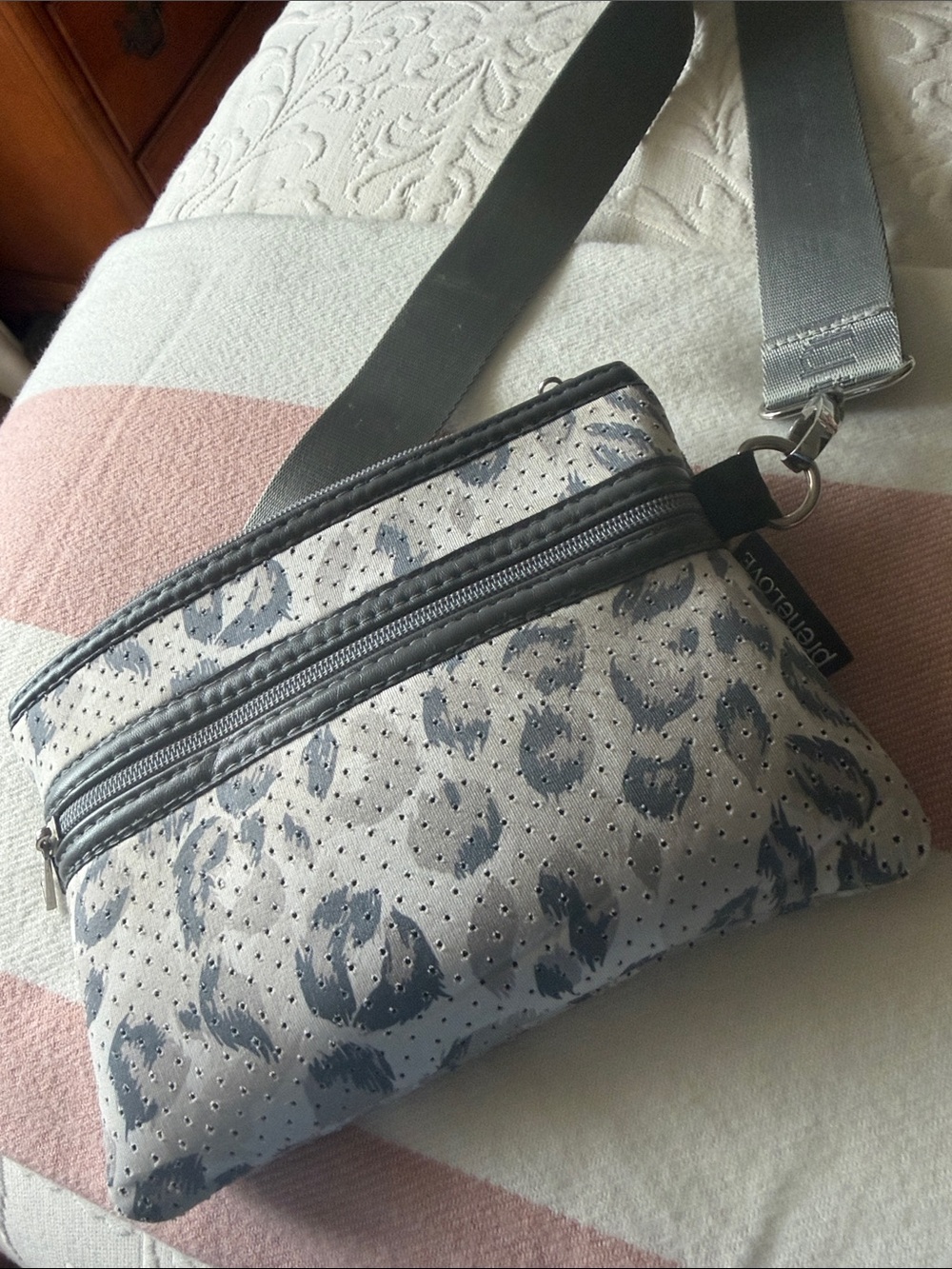 Light Gray Leopard Print Neoprene Crossbody Bag with Adjustable Strap